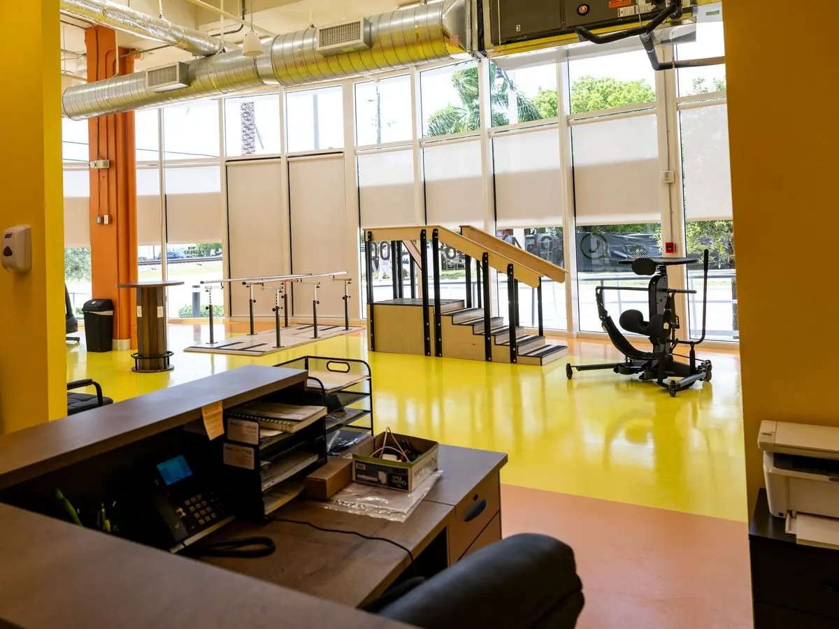 RehabCenter front desk overlooking the rehabilitation gym